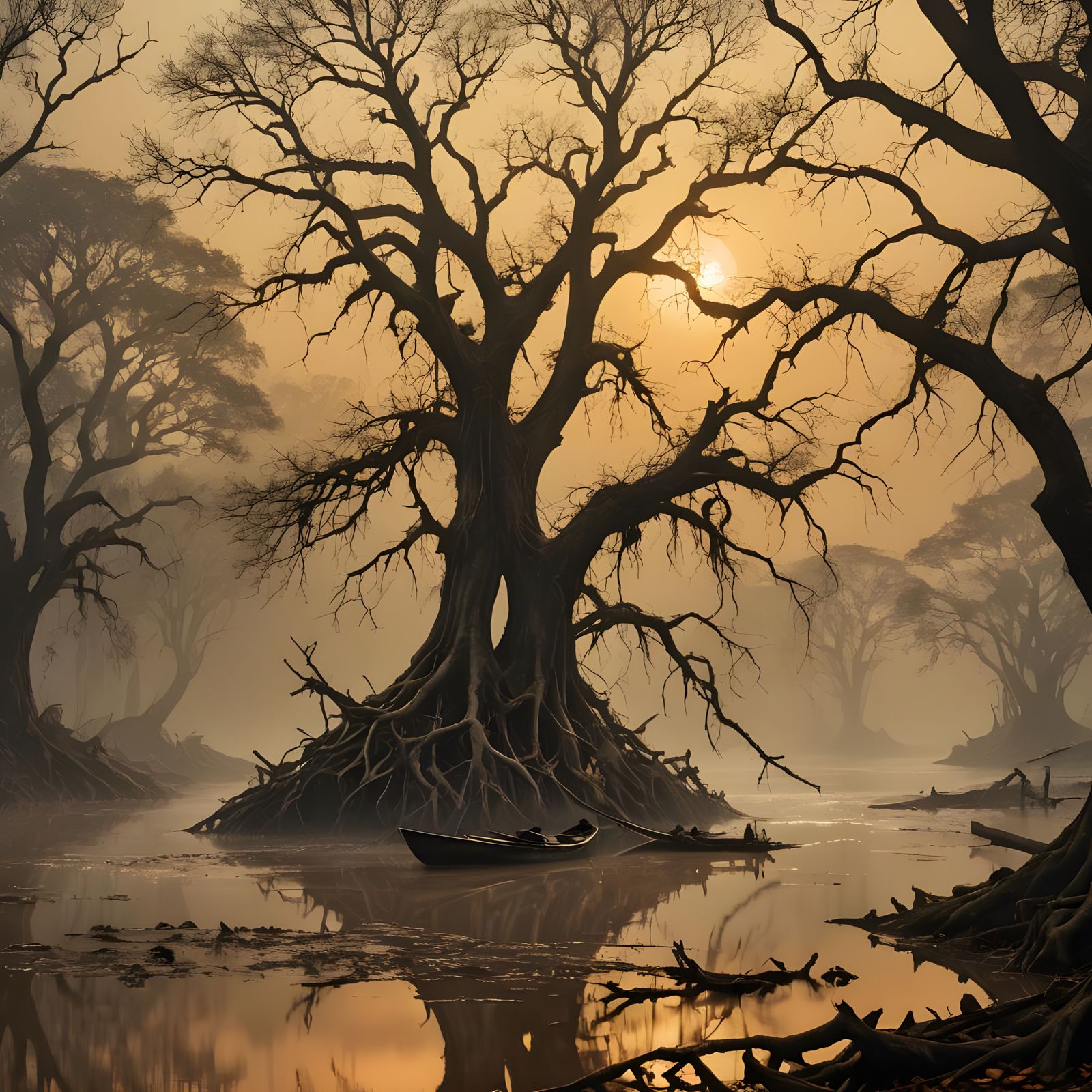 Foggy River Scene with Bare Trees