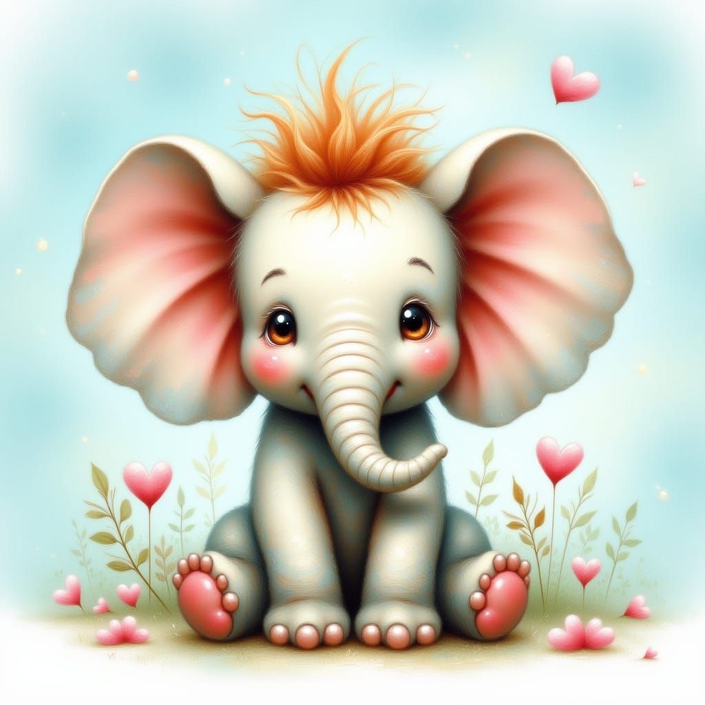 Adorable Red-Haired Elephant in Whimsical Style