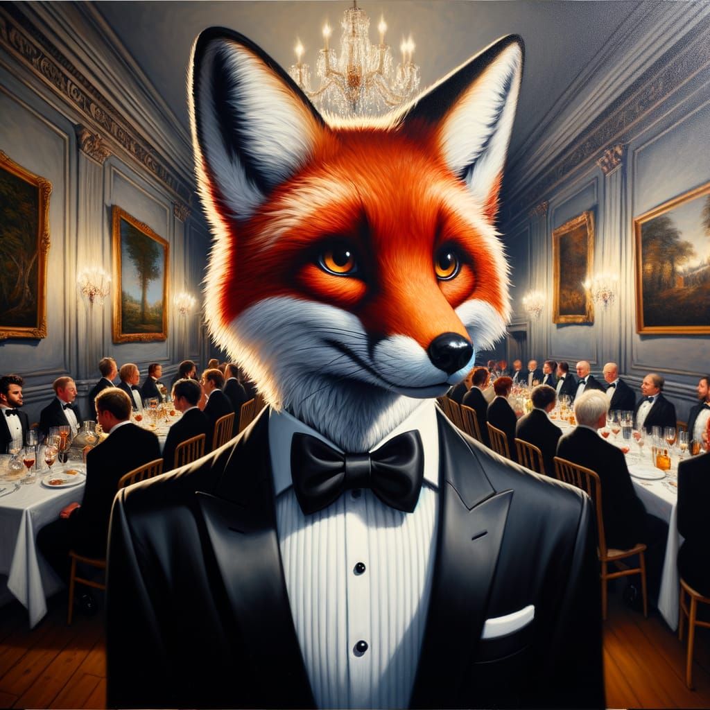 Anthropomorphic Fox in Tuxedo at Elegant Dinner Party