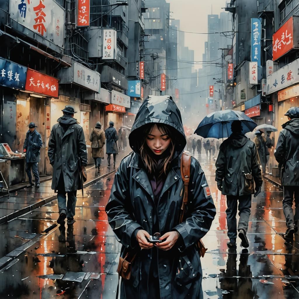 Crying Figure in Post-Apocalyptic Tokyo Watercolor