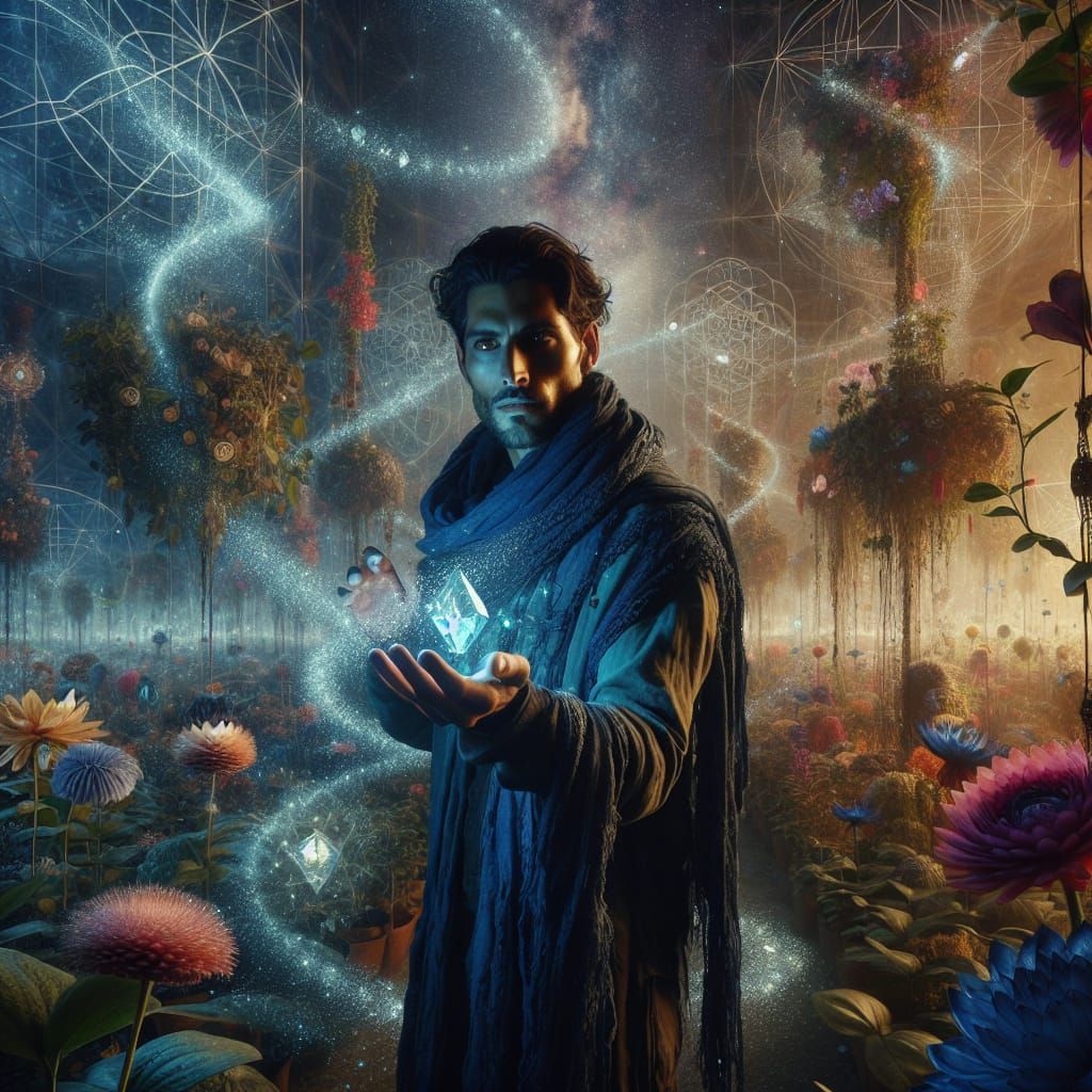 Ethereal Portrait of a Cosmic Gardener in a Surreal, Multi-D...