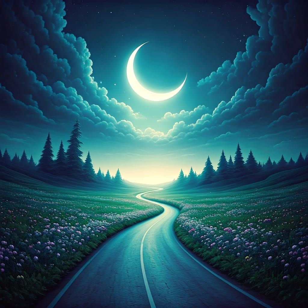 Ethereal Roadway Beneath Enchanted Moonlight