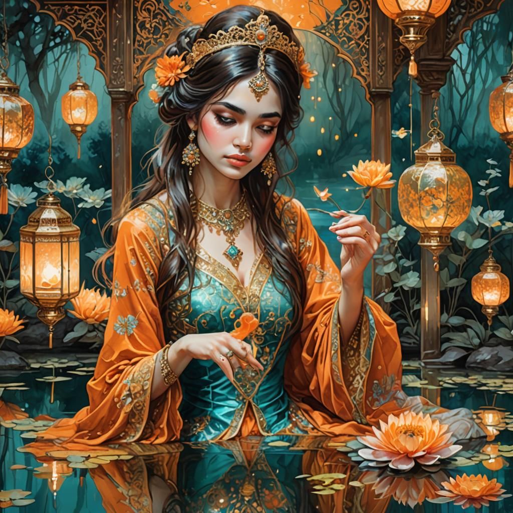Ornate Persian Princess and Mirrored Reflection