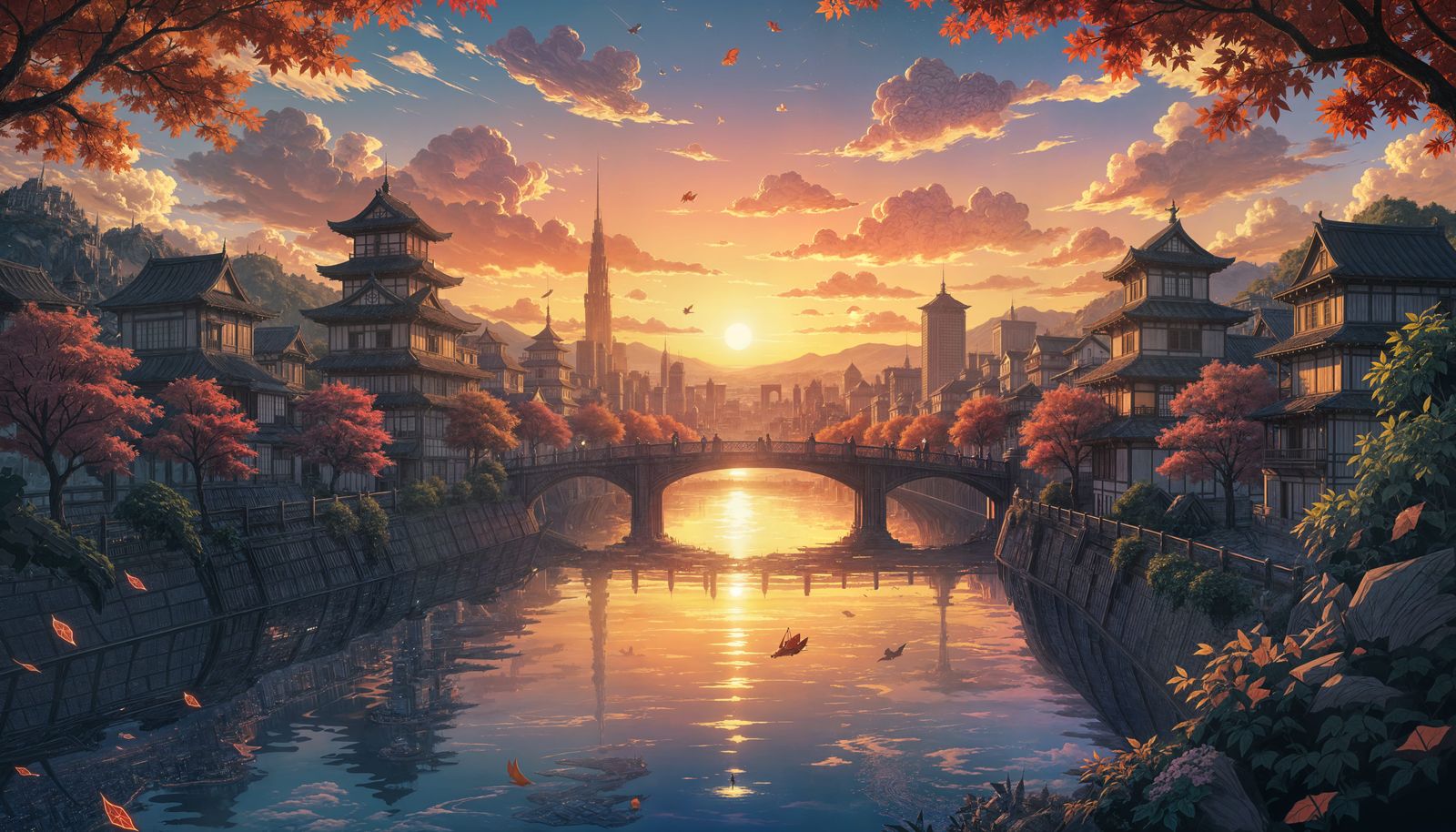 Fantasy Cityscape Sunset with Falling Leaves: Manga Style