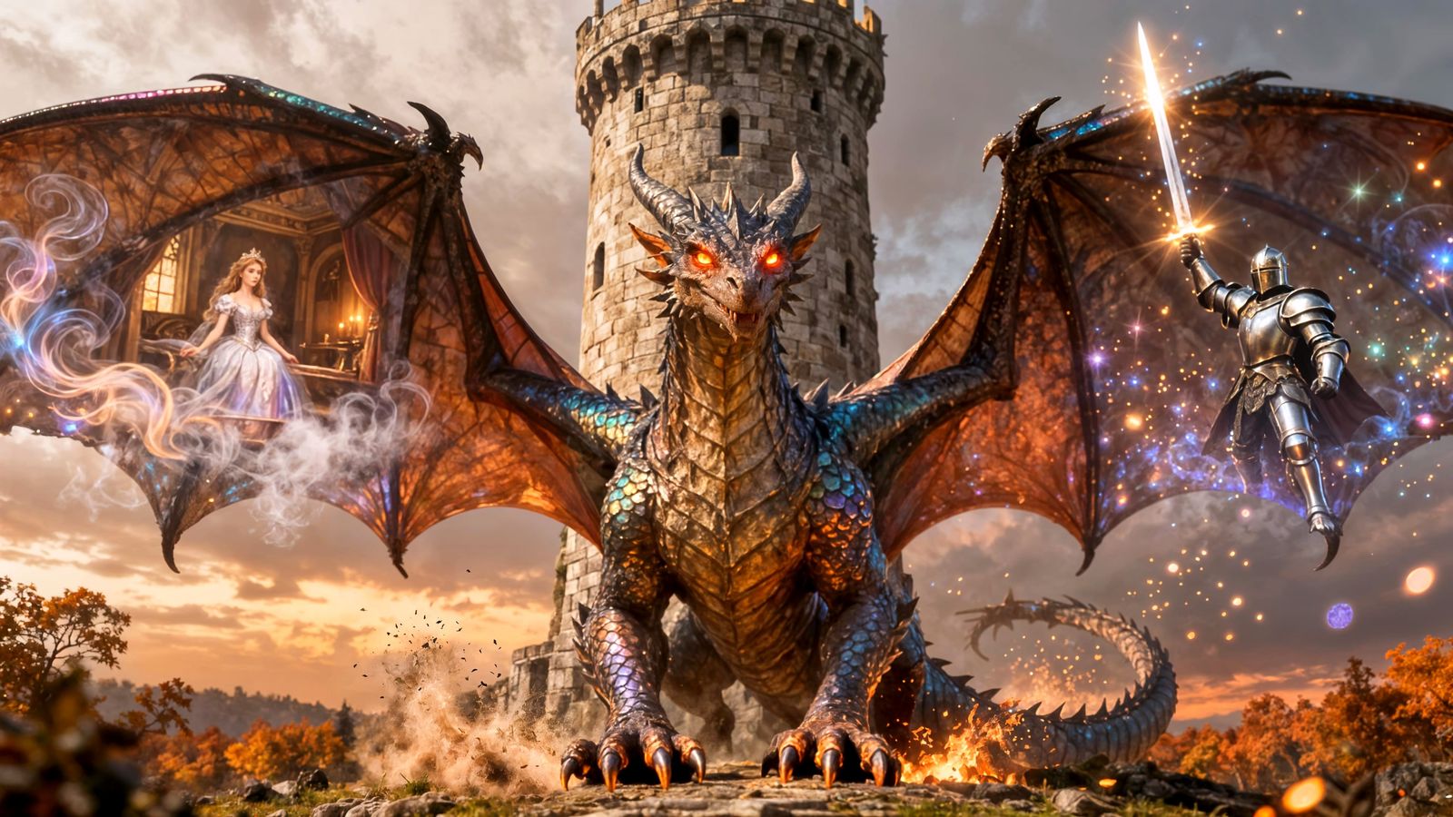 Epic Dragon Guarding Tower with Princess and Knight