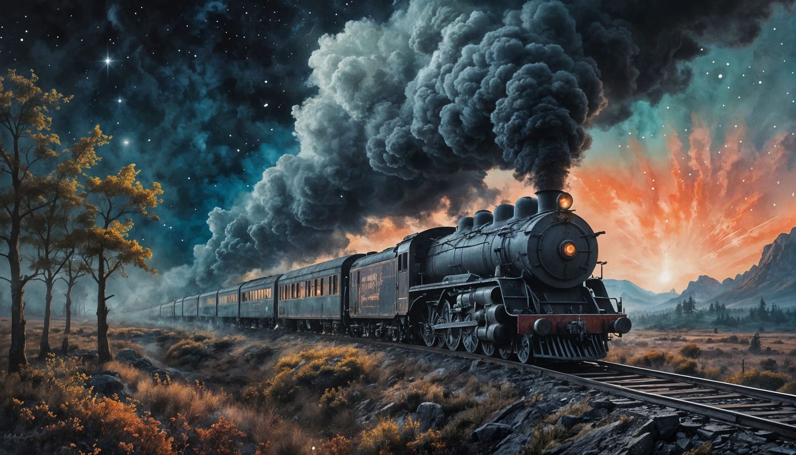 Astral Train Amidst Nebula Sky: Watercolor Landscape