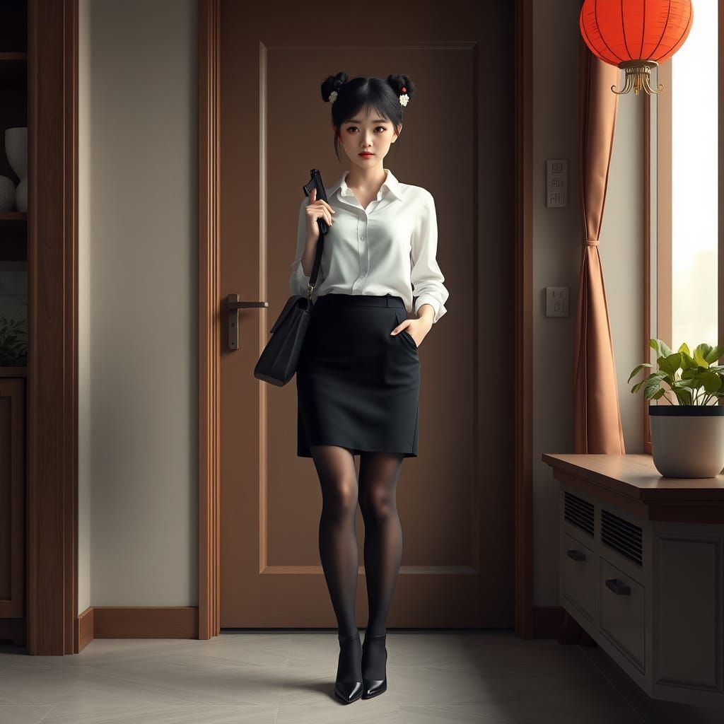 Sleek Spy in Elegant White and Navy Ensemble, Inspired by Fa...