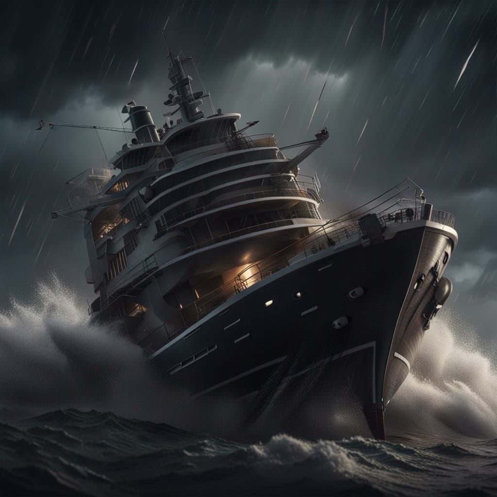 Ship Amidst Giant Waves and Thunderstorm
