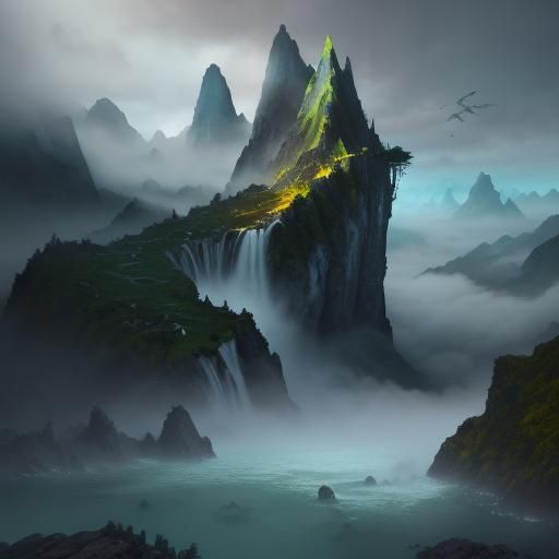 Surreal Mountain Landscape with Water and Birds