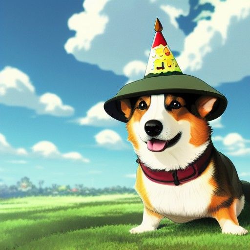 Corgi with Birthday Hat in Studio Ghibli Style