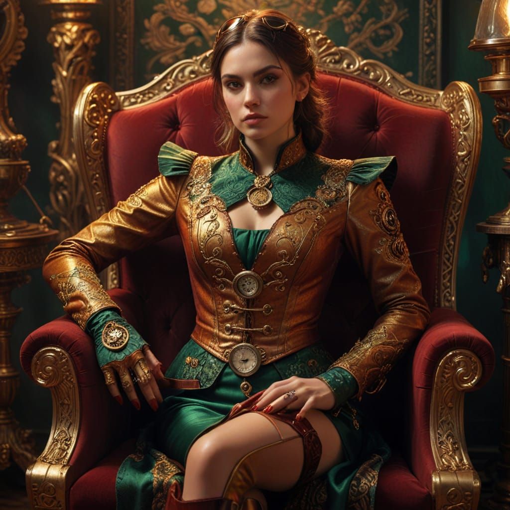Steampunk Woman Portrait in Emerald Green Outfit