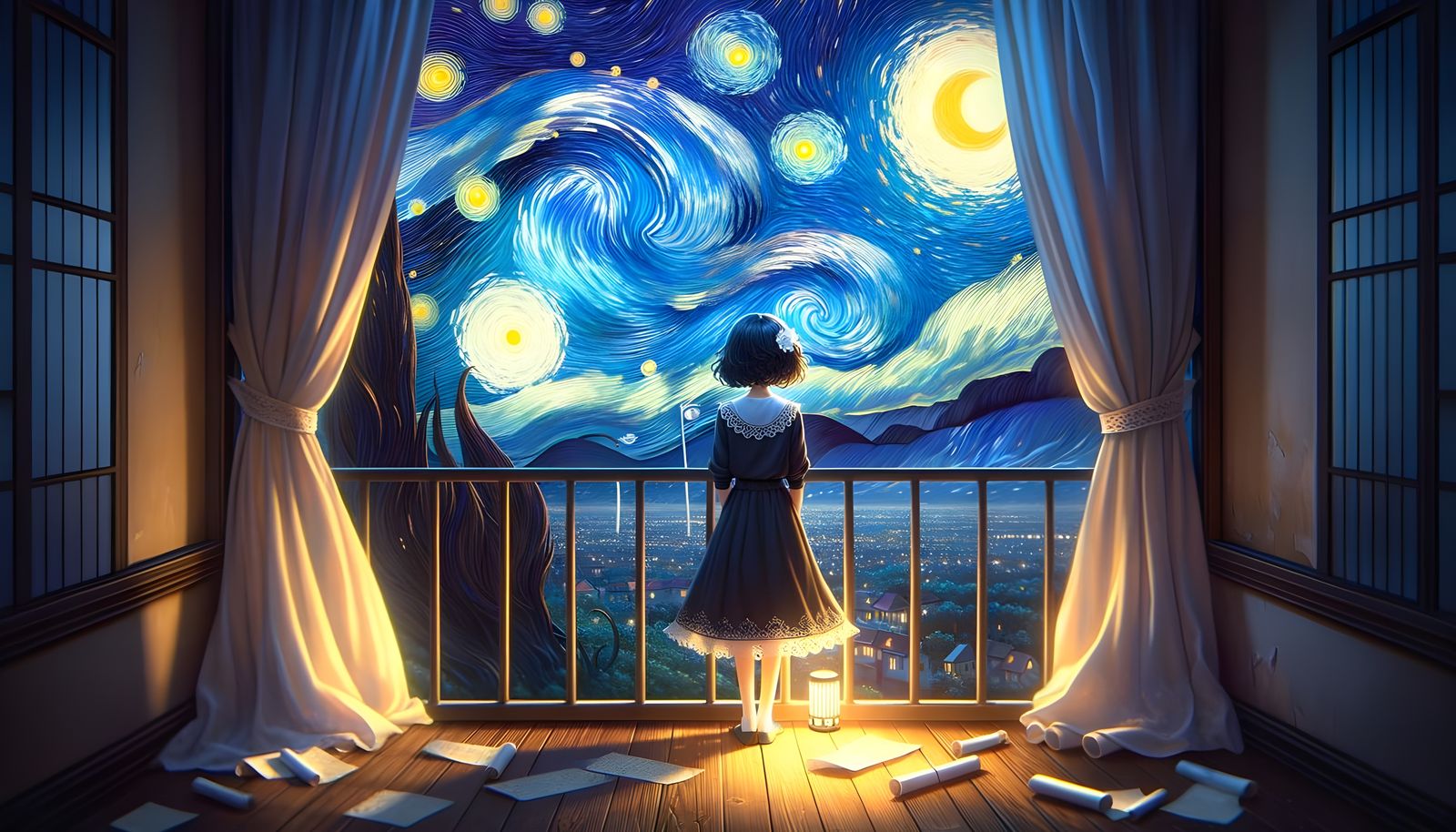 Dreamy Starry Night Scene with Floating Scroll