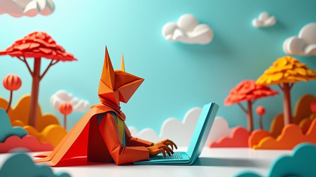 Superhero at Laptop in Origami Landscape