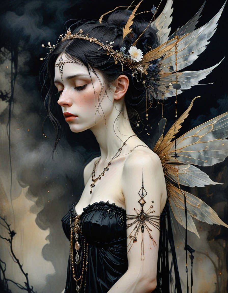 Mysterious Weeping Fairy in a Smoky Battlefield Scene