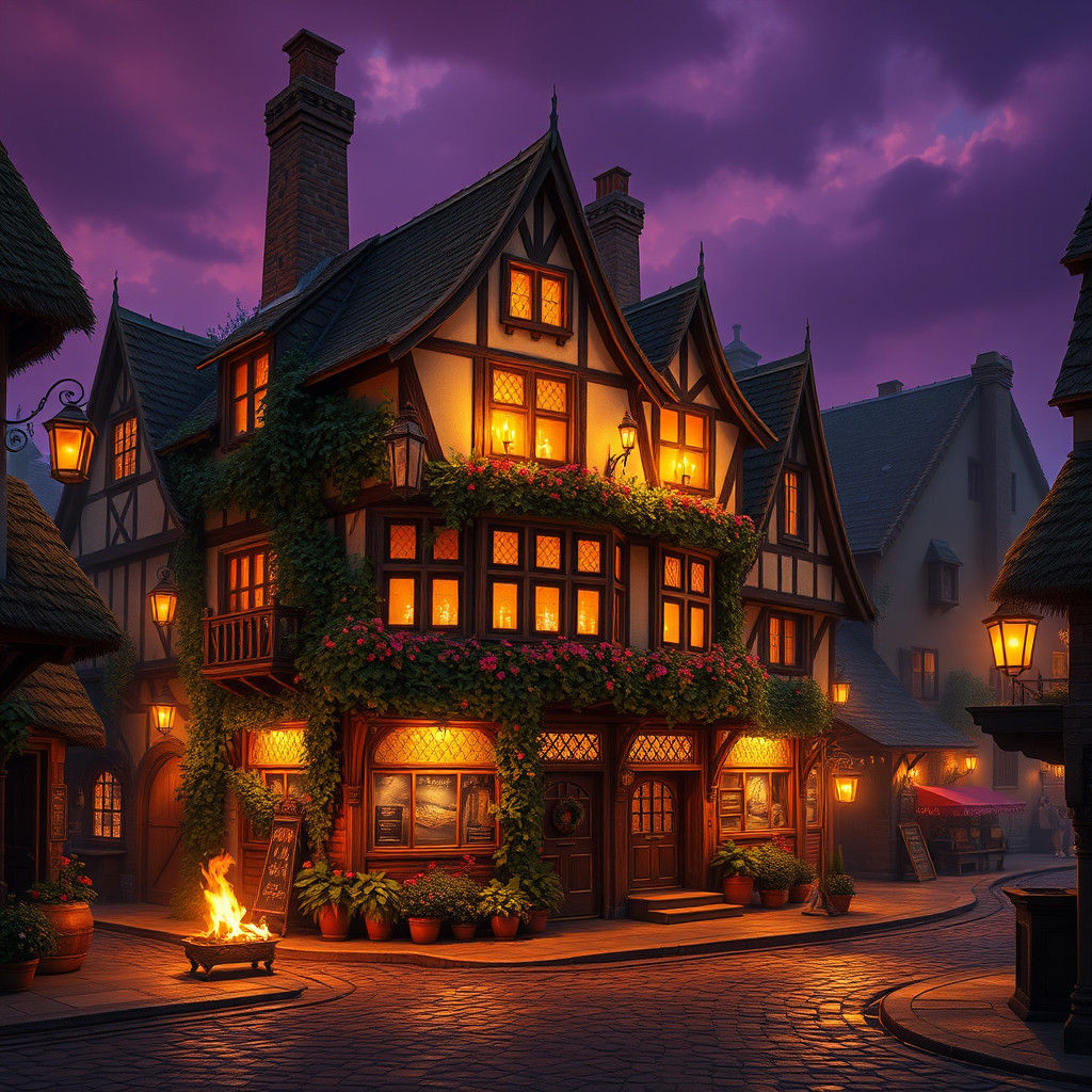 Golden-Lit Medieval Inn on Bustling City Street