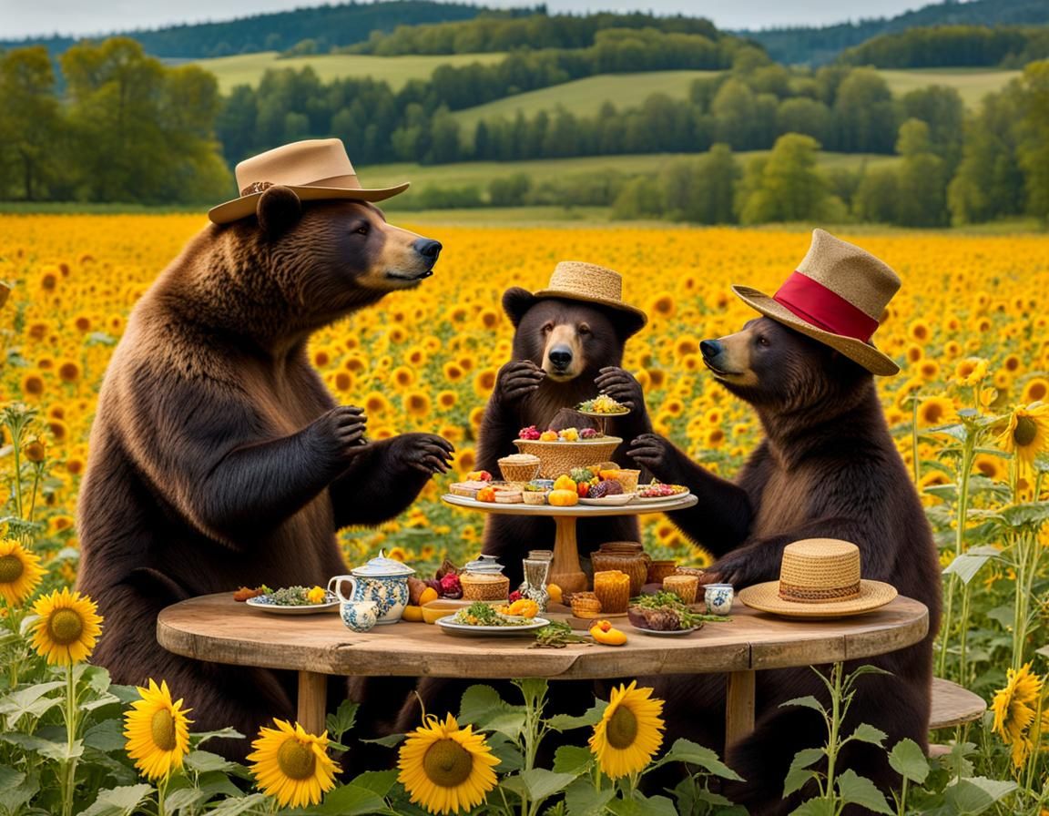 Bears in Hats Have Fantasy Picnic in Sunflowers