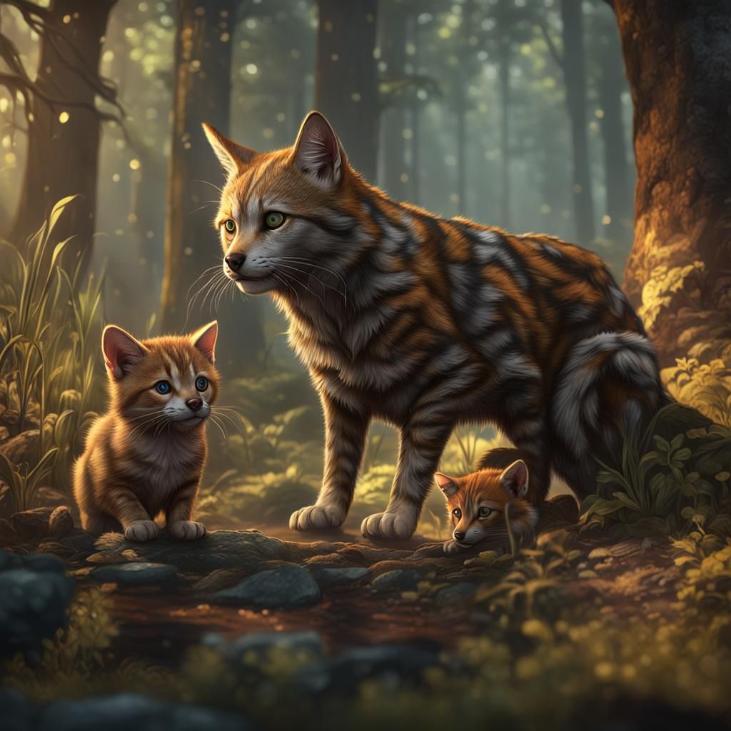Rusty Spotted Cat and Wolf Pup: Detailed Matte Painting