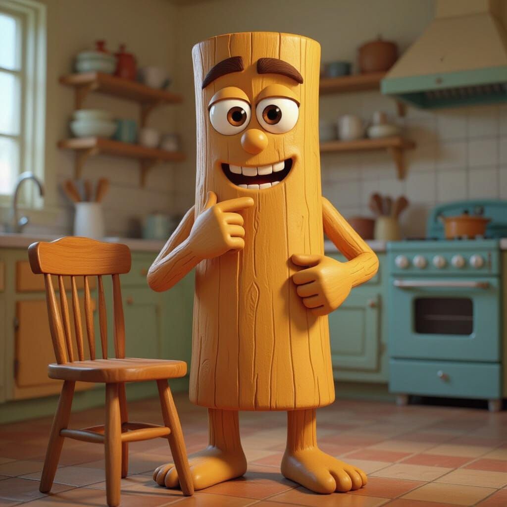 Cartoon Wooden Character in Kitchen, 3D Render