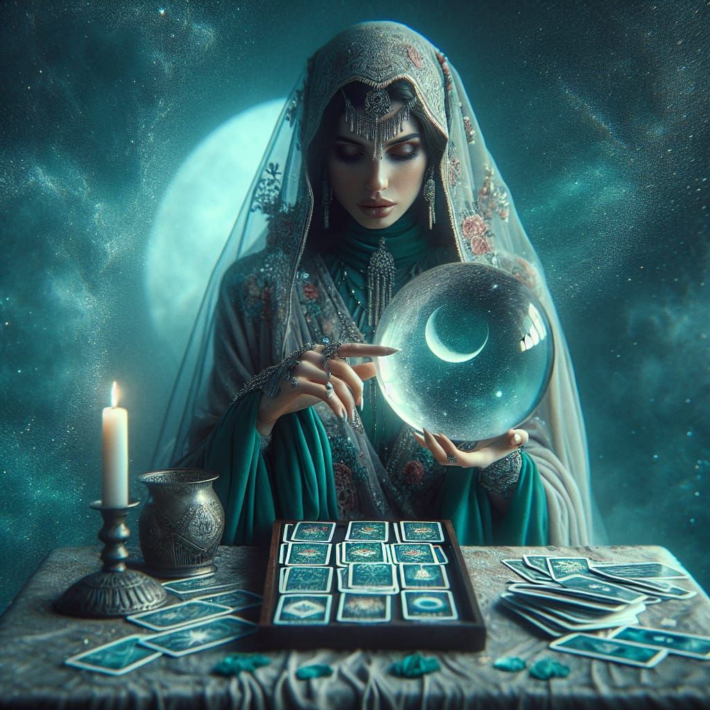 Mystical Fortune Teller with Tarot Card in Digital Painting