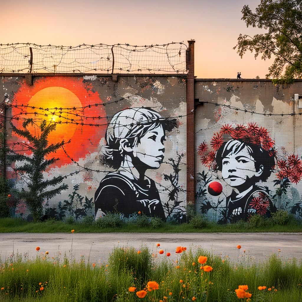 Hopeful Banksy-Style Mural on Abandoned Factory Wall