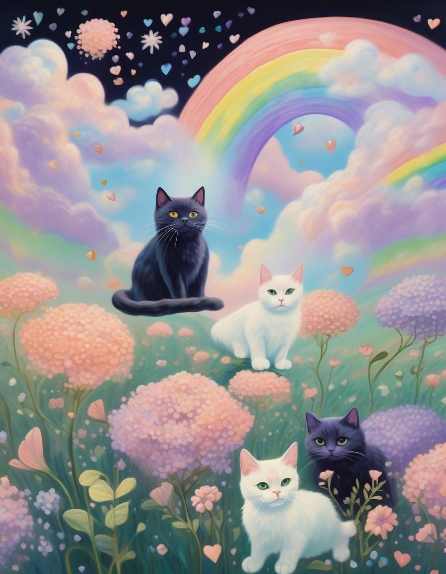 Cat Angels in Mystical Pastel Sky: Renaissance Style