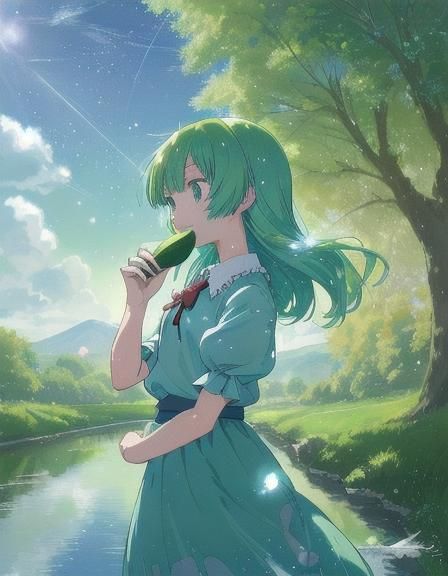 Anime Girl Nitori Kawashiro Munching Cucumber