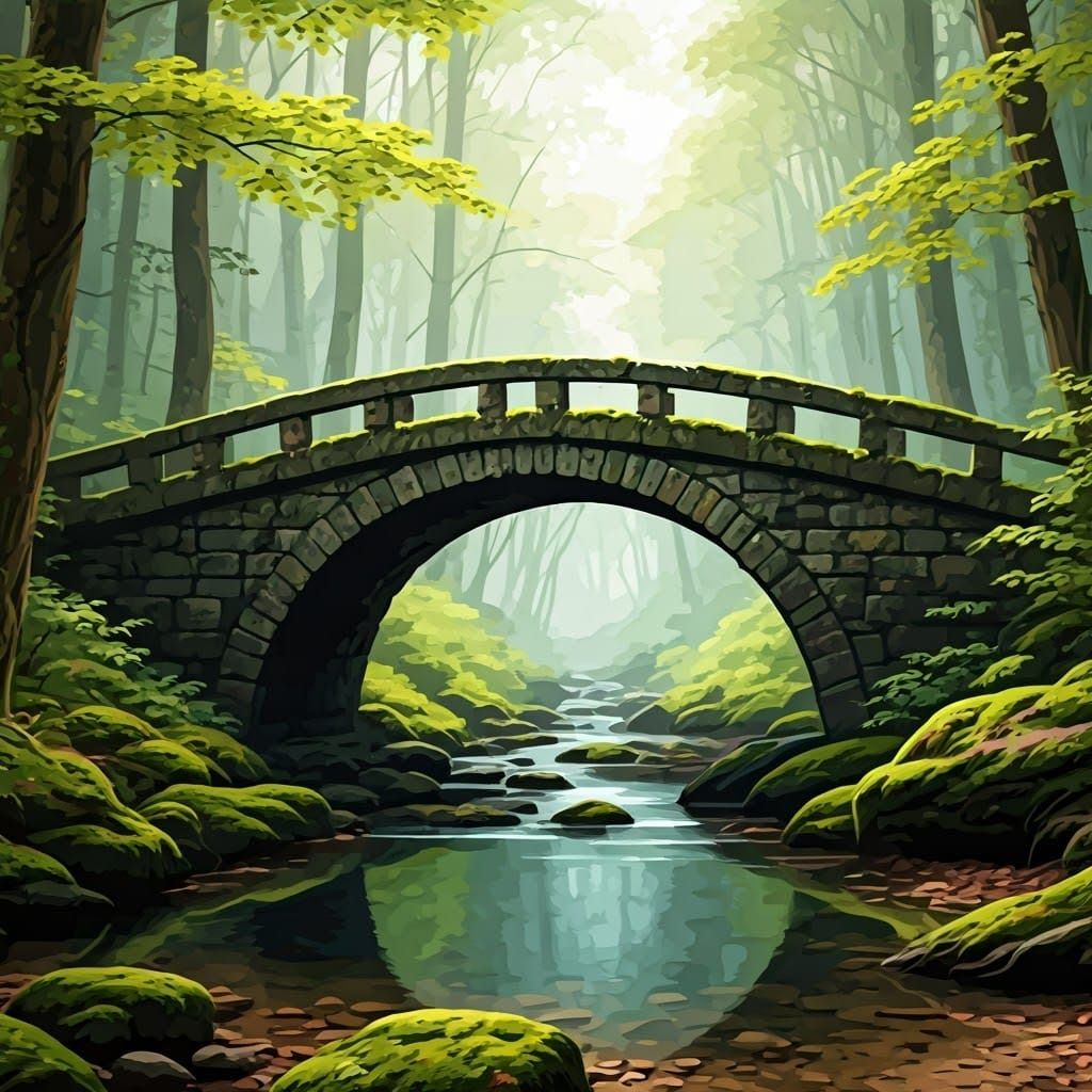 Ancient Stone Bridge in Mystical Forest Landscape