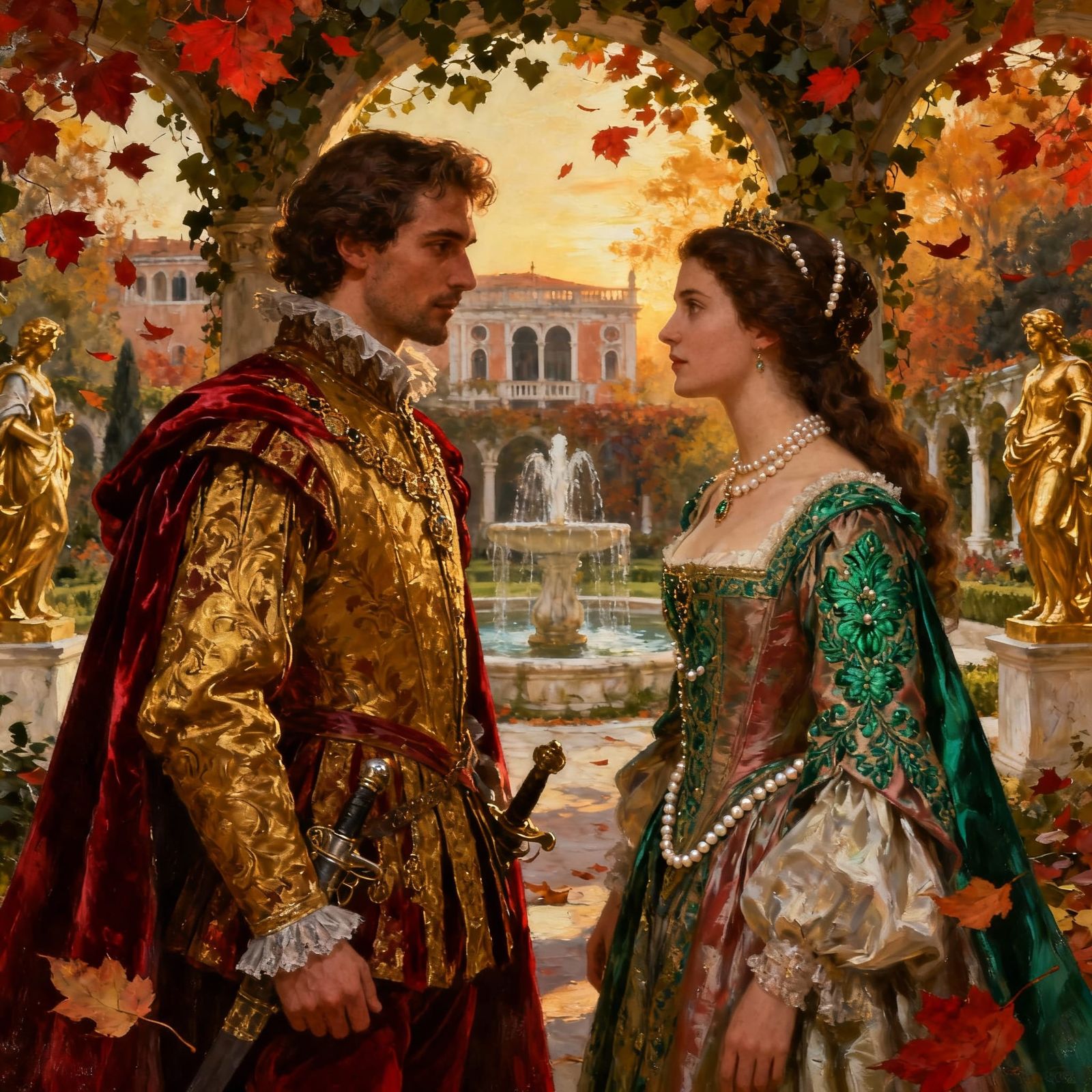 16th Century Venetian Couple in Autumn Garden Painting