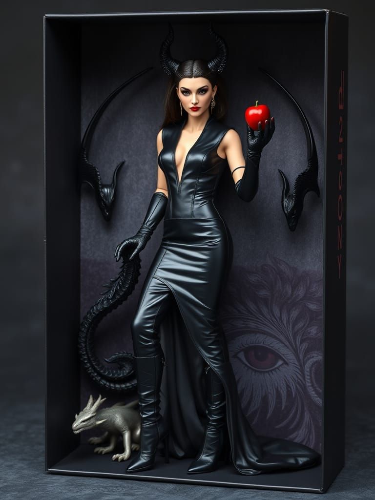 Surreal Demon Queen in Elegant Leather Gown, High Heels, and...