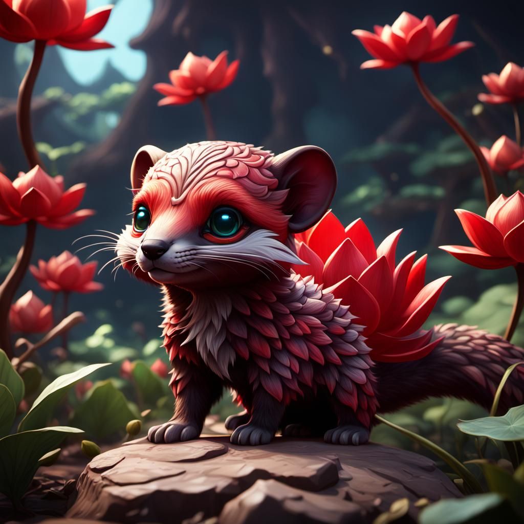 Chibi Red Lotus Mongoose Fantasy Art