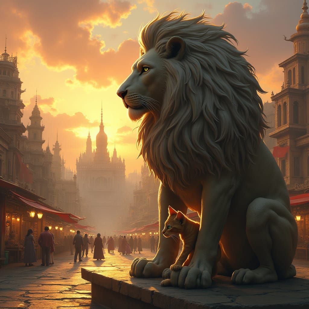 Ancient City Sunset With Stone Lion and Ginger Cat