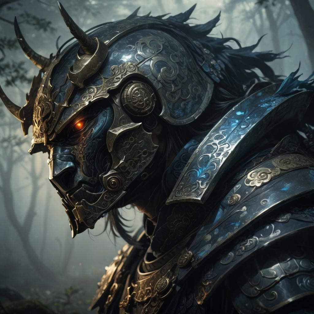 Armored Samurai in Misty Forest, Fantasy Concept Art