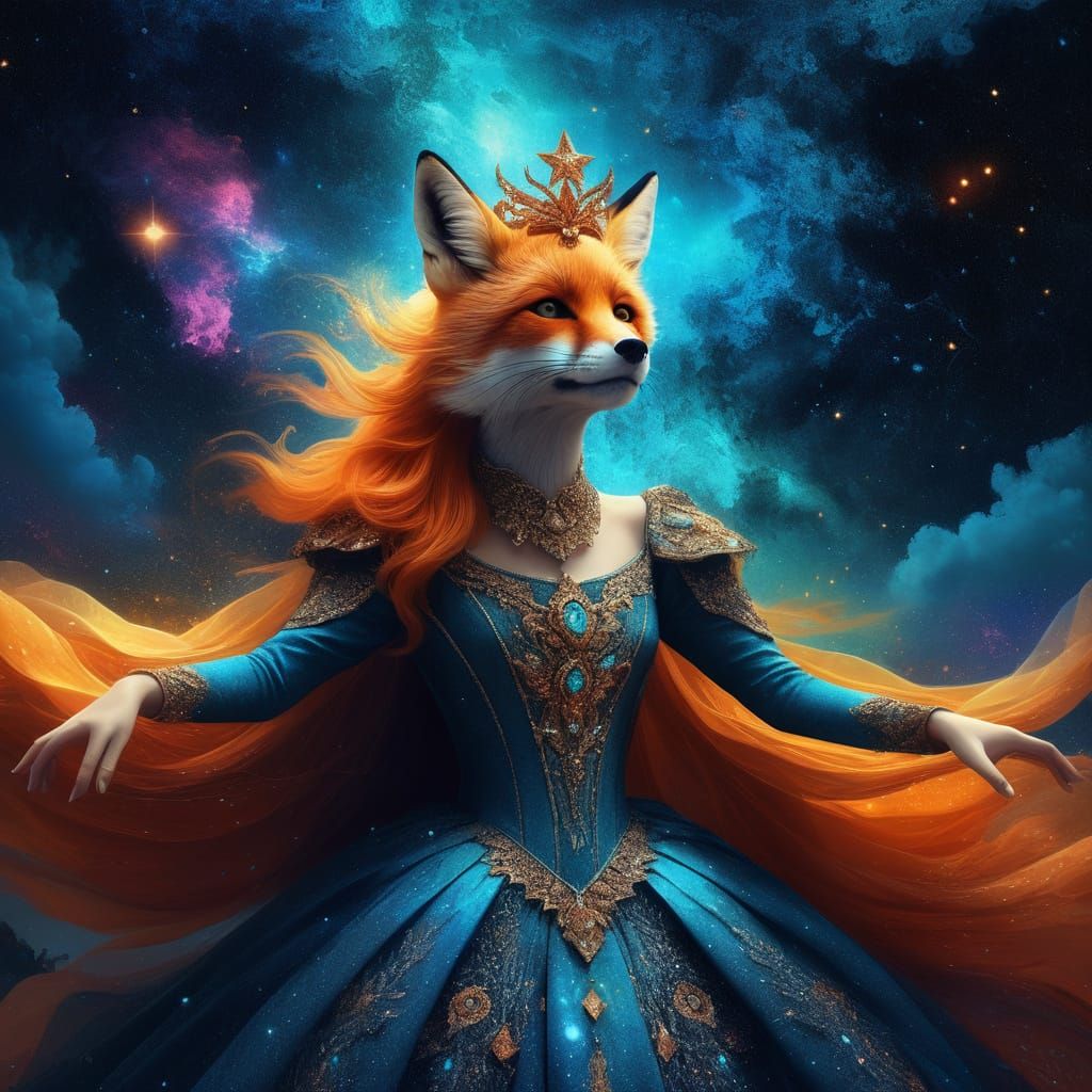 Celestial Fox Queen in a Swirling Galaxy