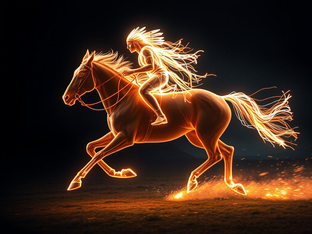 Luminous Native American Rider on Light Horse