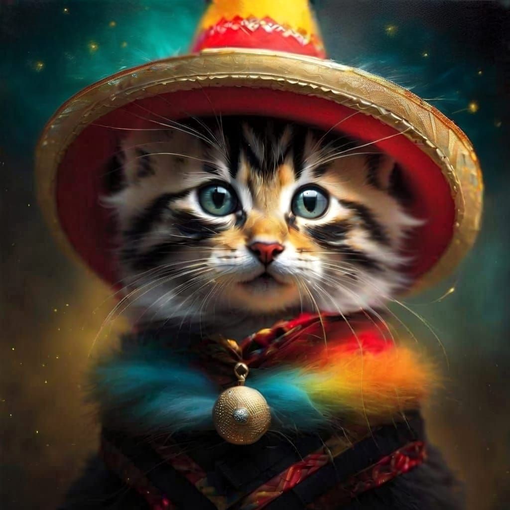 Playful Kitten in Sombrero, Impressionistic Style