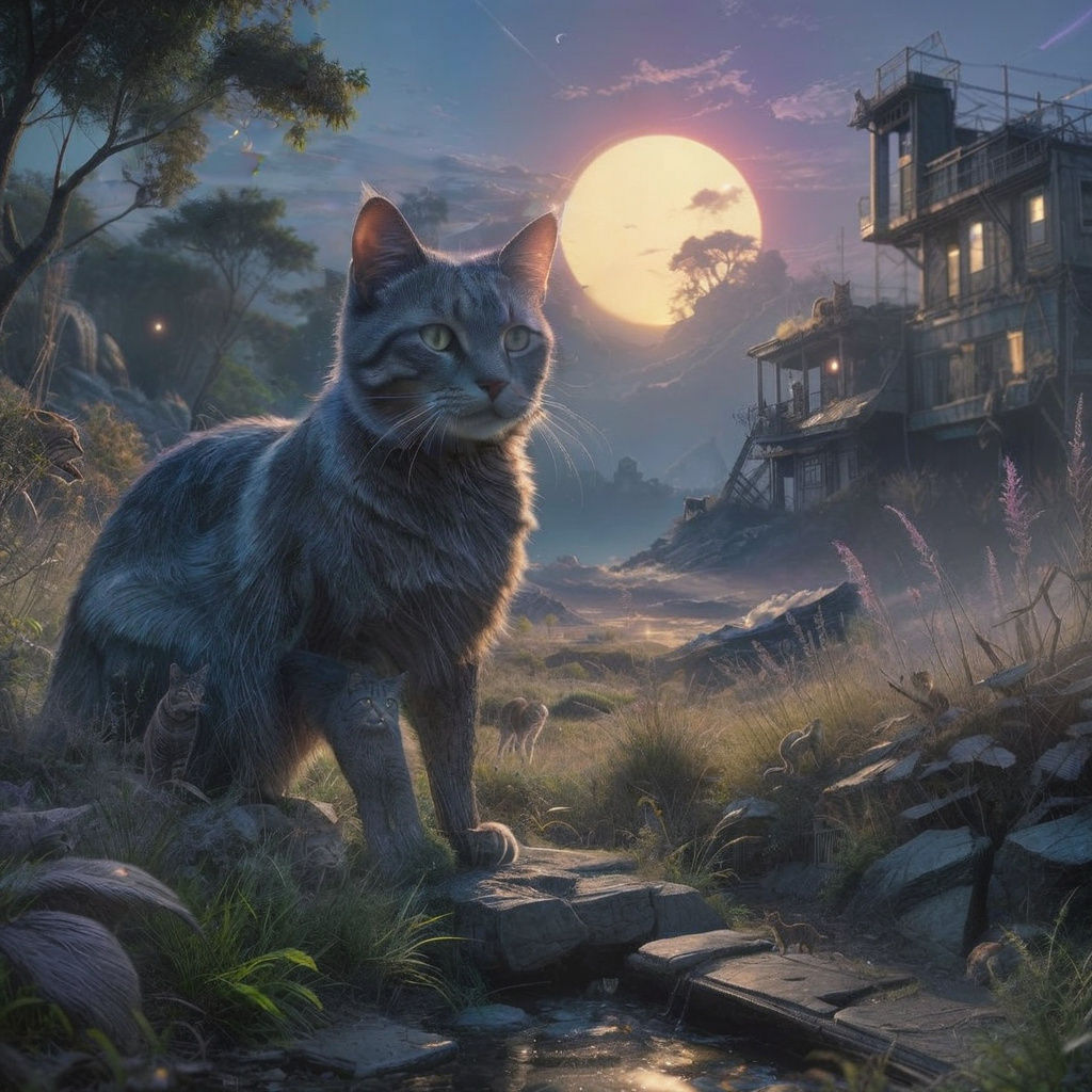 Whimsical Feline in a Bleak Abandoned World