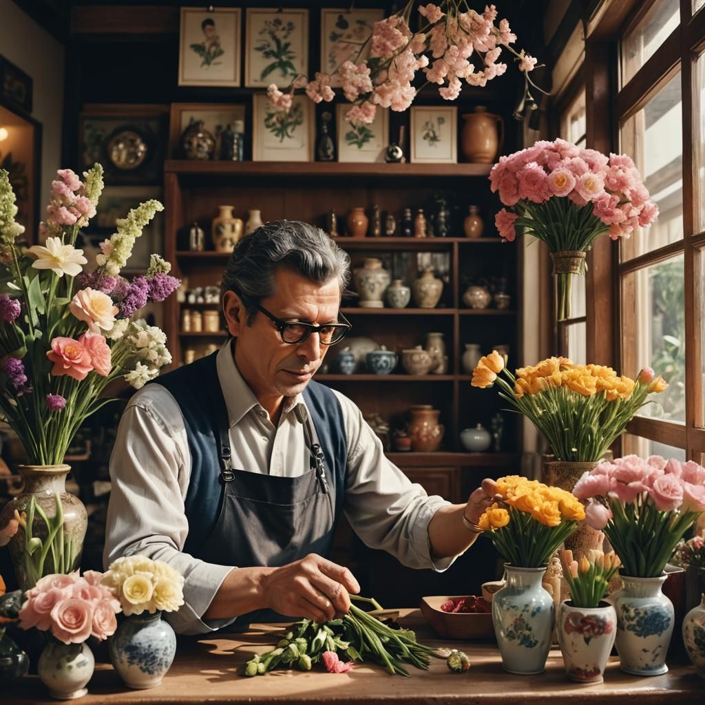 Jeff Goldblum Arranges Flowers in Chinese Shop