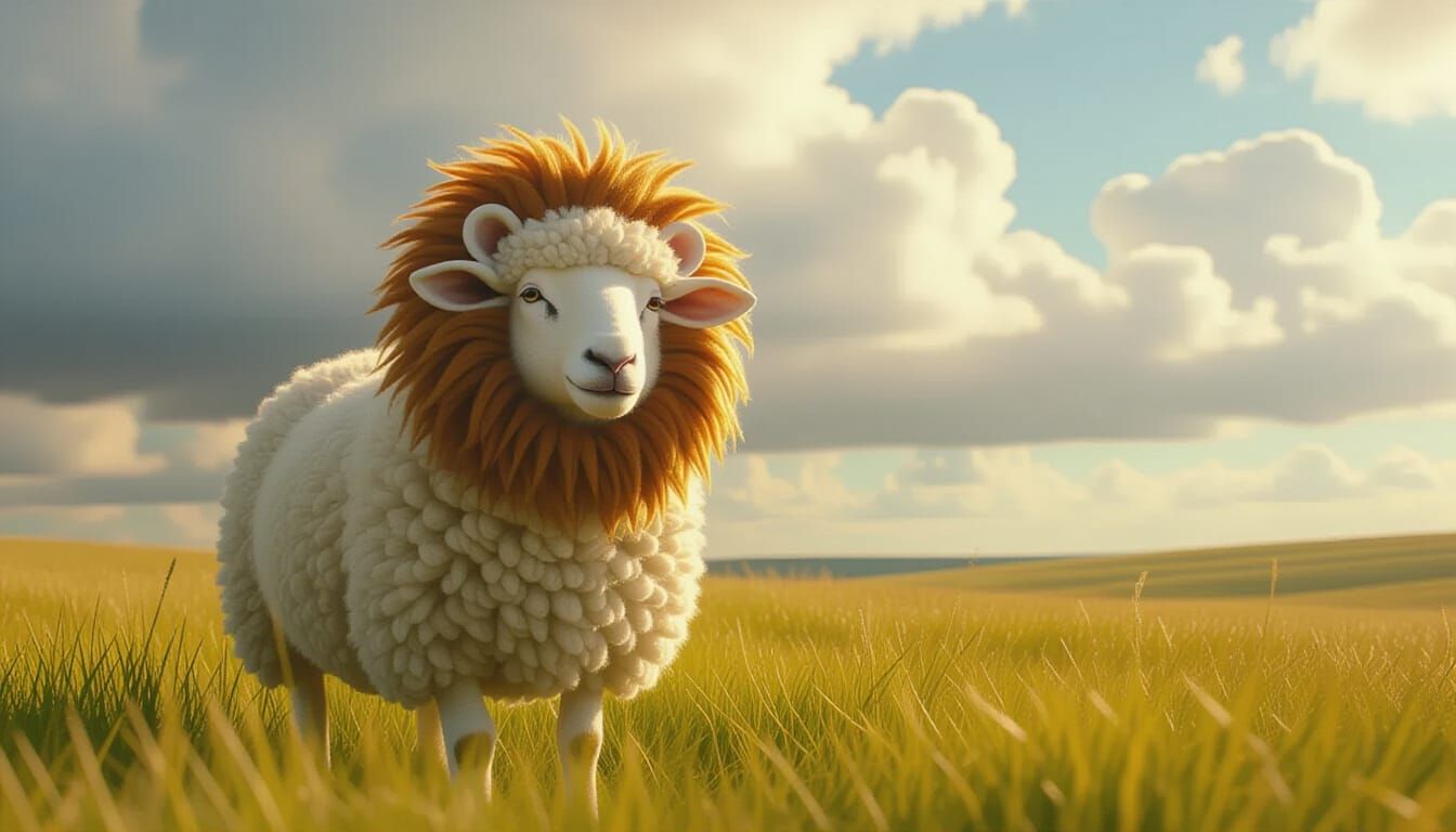 Sheep in Lion Mane Costume in Meadow