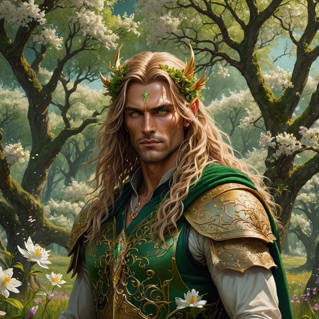 Fae High Lord in Spring Meadow: Detailed Digital Art