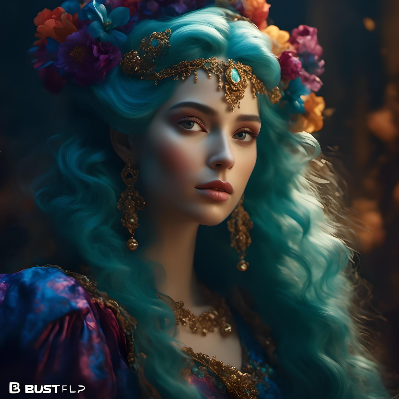 Baroque Demon with Blue Hair in Warm Colors