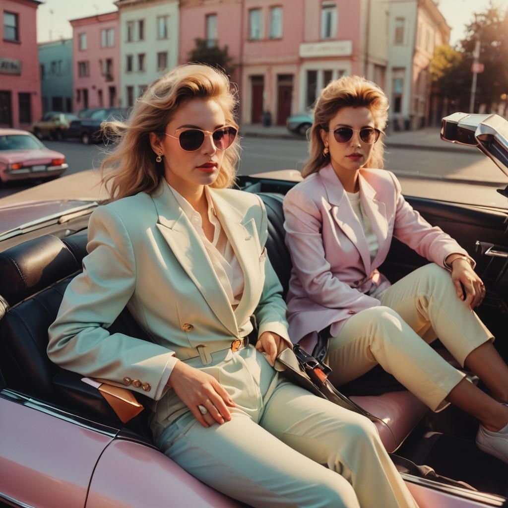 80s Women on Corvette in Polaroid Style