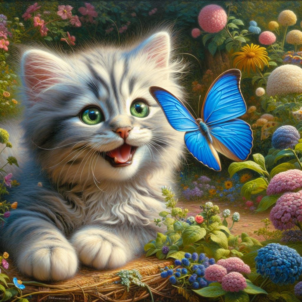 Aegean Kitten's Joyful Encounter: Impressionist Garden Scene