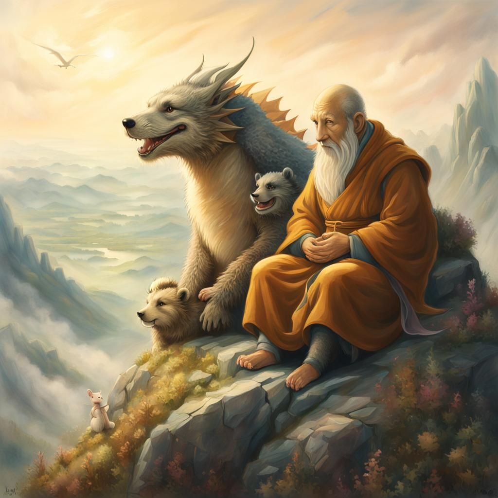 Teddy Bear Dragon and Monk on Misty Mountain