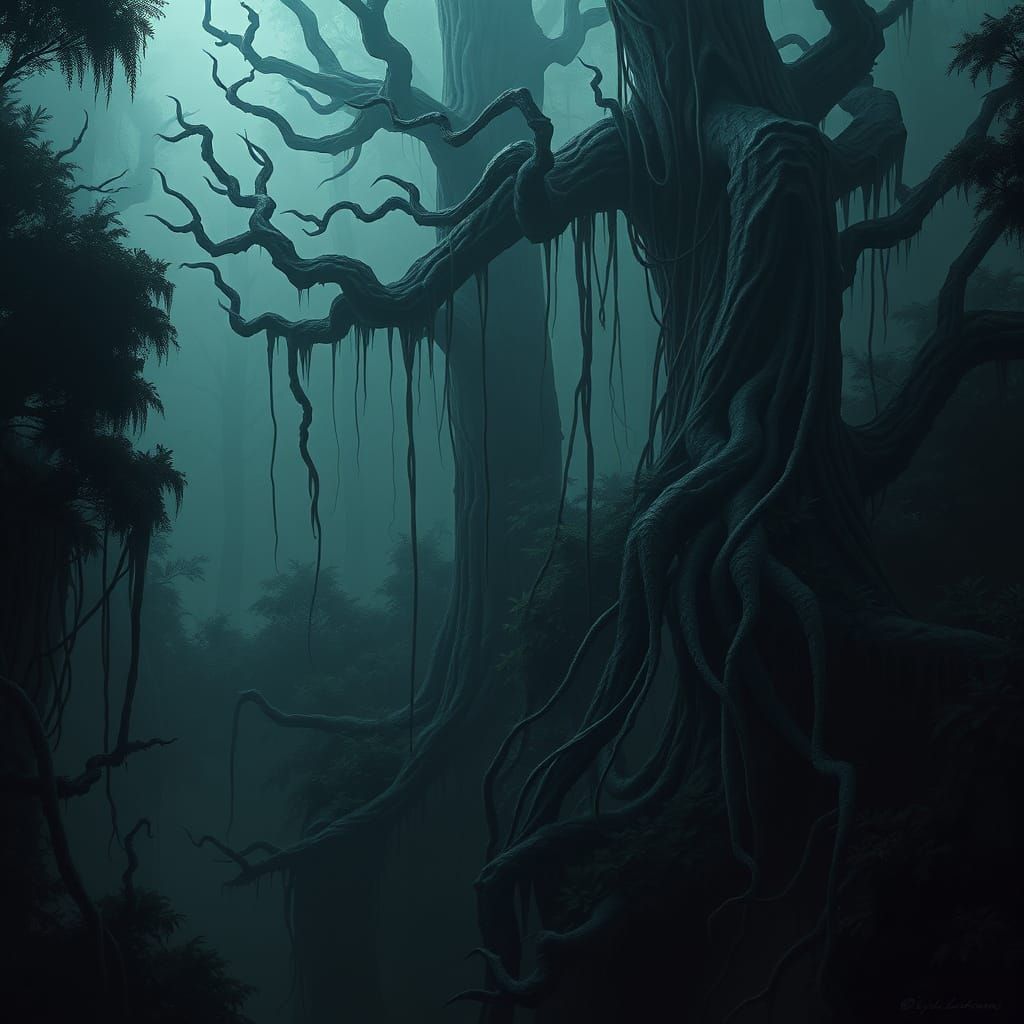 Ominous Forest with Gnarly Trees and Dangling Vines