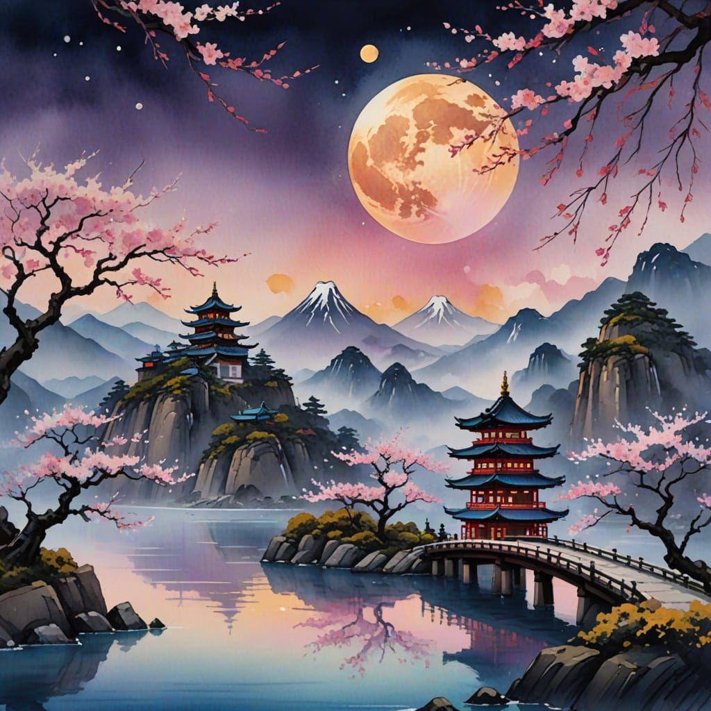 Mystical Pagoda Landscape with Figure in Watercolor Style