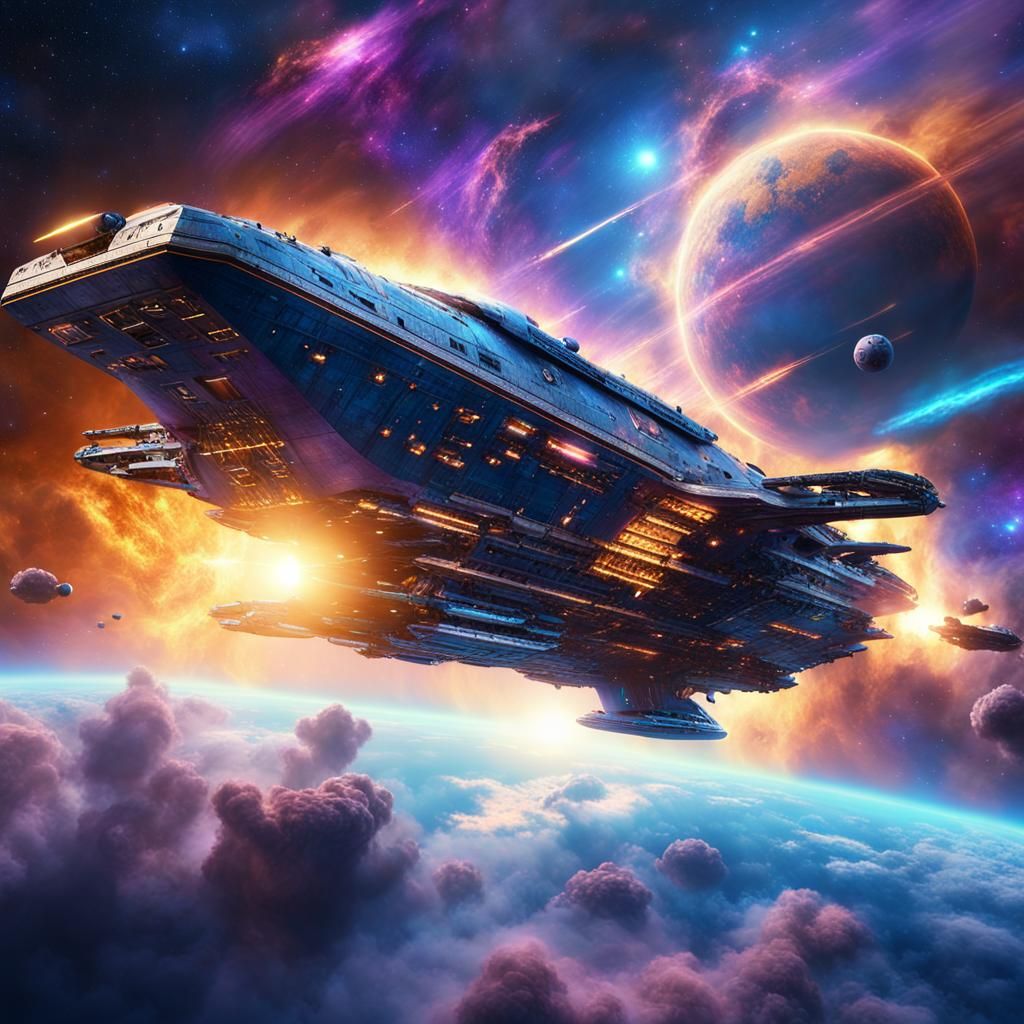 Starship Soaring Through a Nebula in Digital Painting