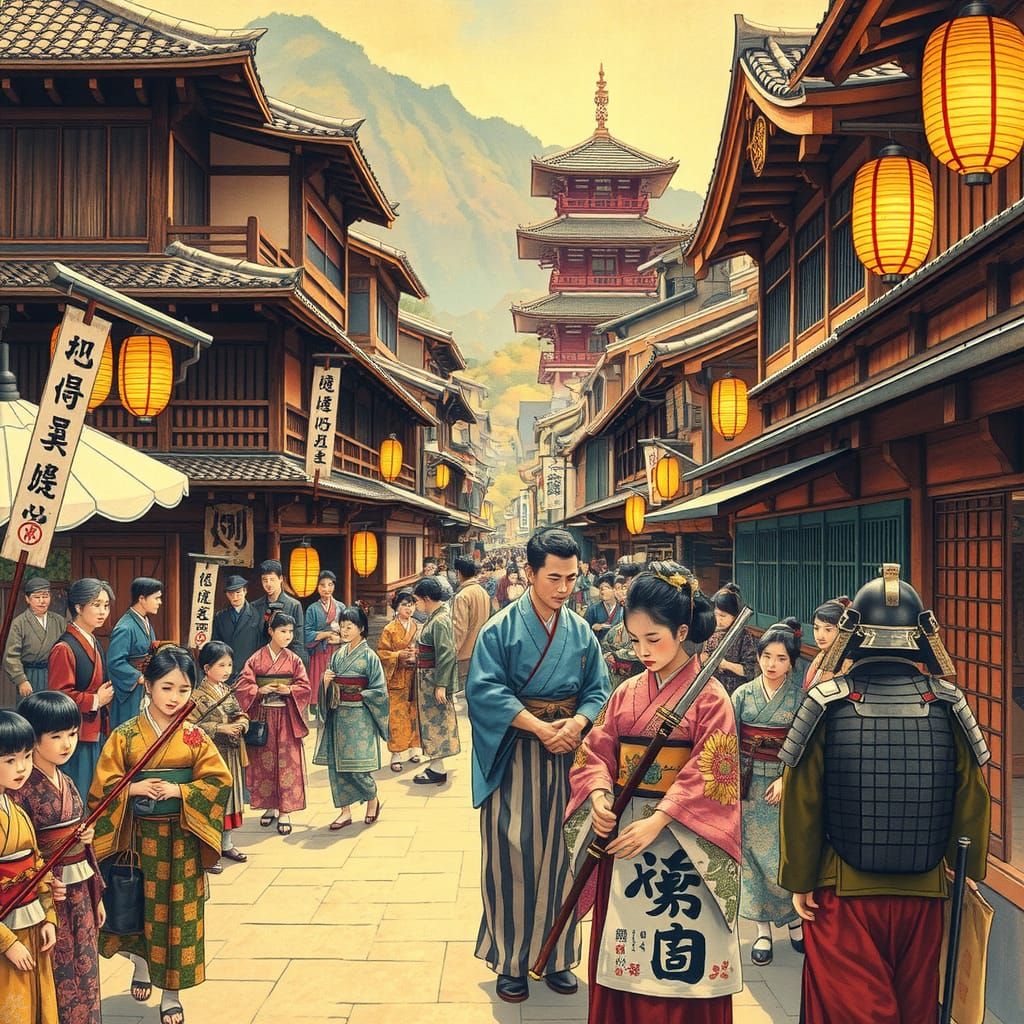 Feudal Japan Street Scene in Ukiyo-e Style