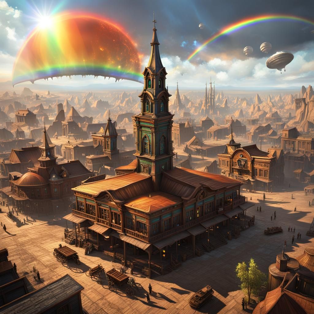 Old West Airship Town Square with Rainbow Sun