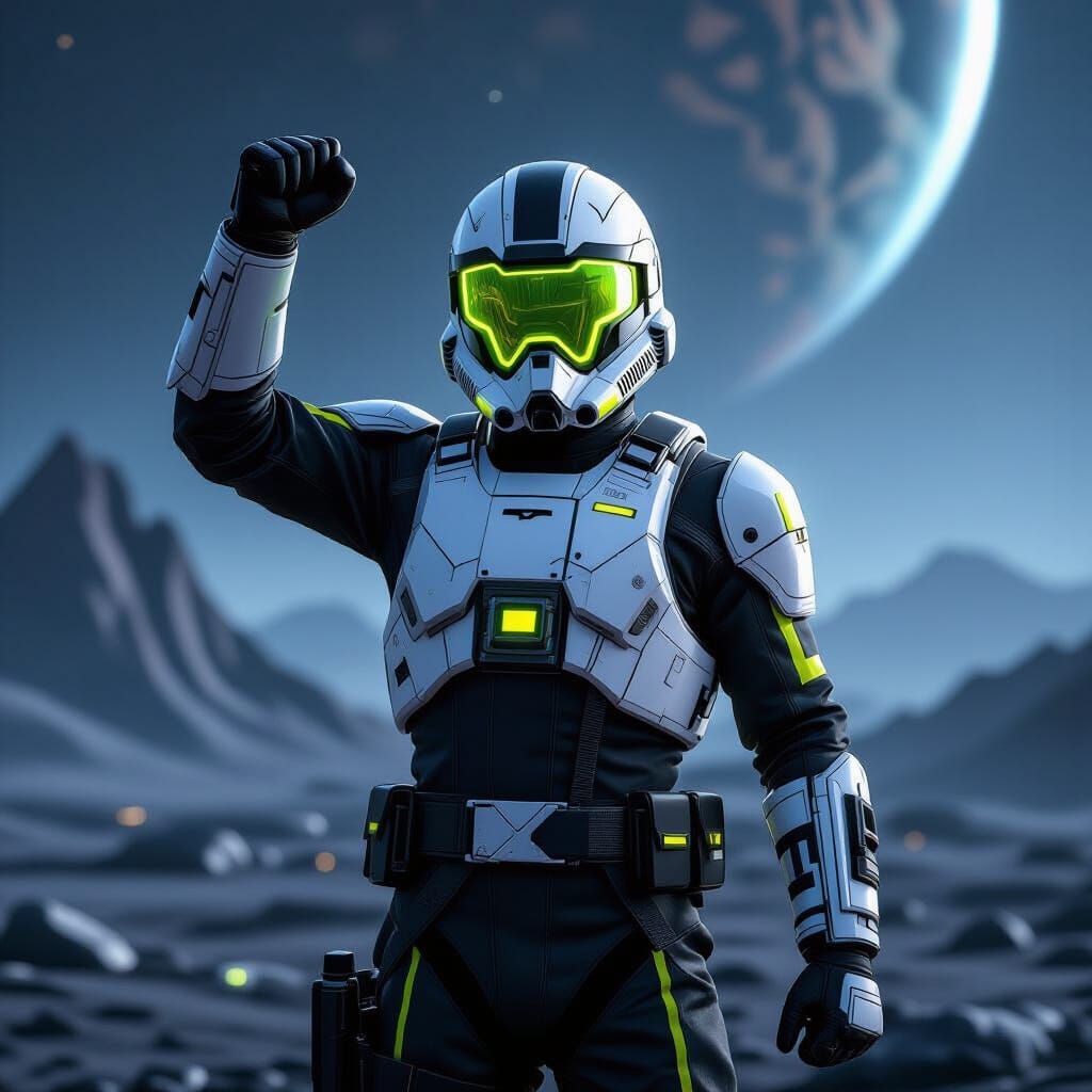 Blacktron Starfighter Pilot Triumphant on Desolate Planet