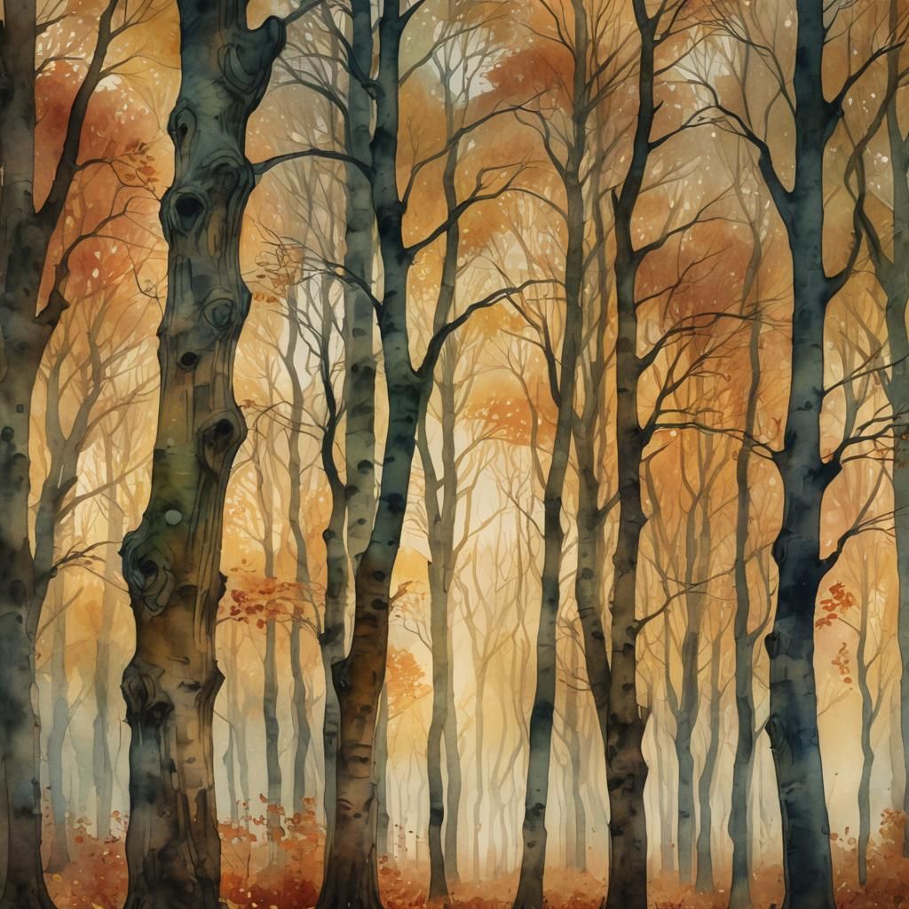 Autumn Sunset Landscape in Klimt-Inspired Watercolor